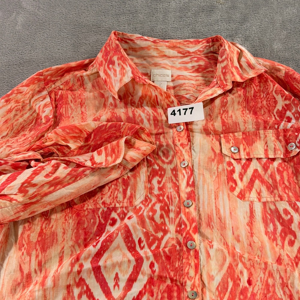 Chico's Button Down Shirt Women 2 Orange Ikat Tie Front Cotton Blouse 570130088